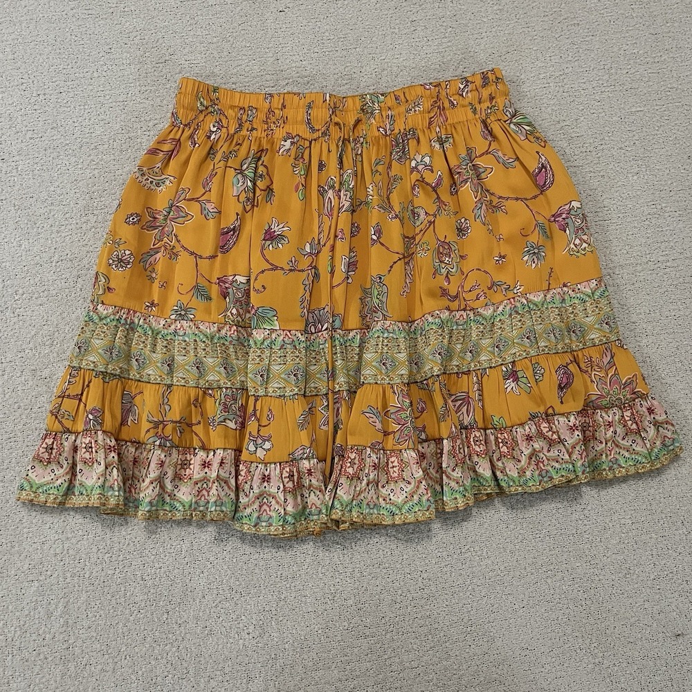 Anthropologie Current Air Skirt Women's M Yellow Smocked Floral - Picture 2 of 8